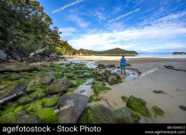 Young woman standing on beach with moss-covered rocks, Stillwell Bay, Bach Lesson Creek, Abel Tasman Coastal Track, Abel Tasman National Park, Tasman