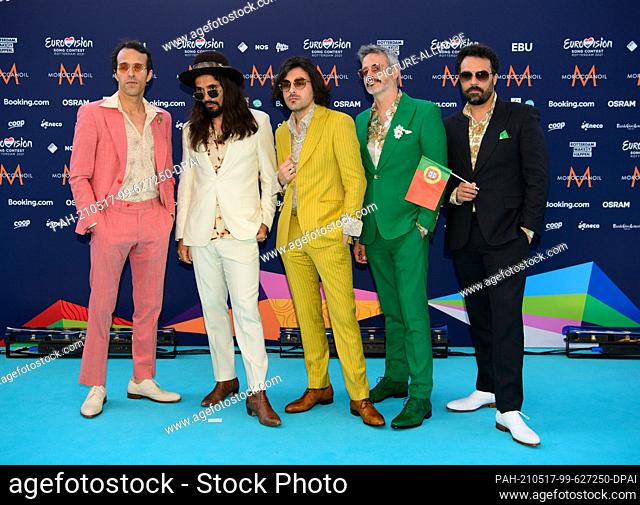 16 May 2021, Netherlands, Rotterdam: Eurovision Song Contest (ESC), opening night ""Turqouise Carpet"". The band ""The Black Mamba"" (Portugal) comes to the...