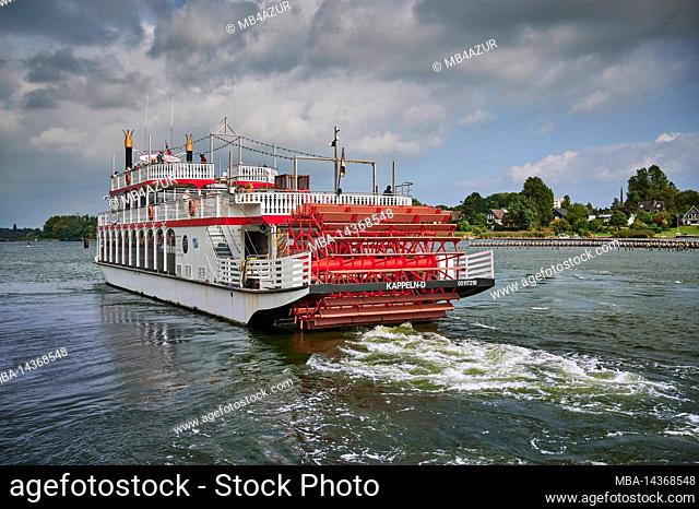 Water landscape of the Schlei, inlet in Schleswig-Holstein, Kappeln, harbor, paddle steamer Princess in motion