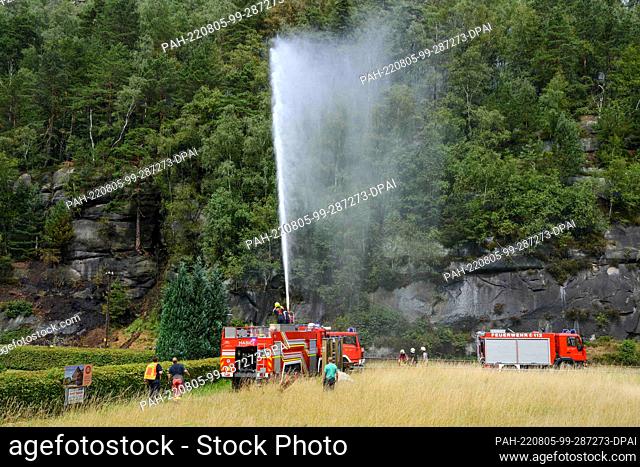 05 August 2022, Saxony, Oybin: Firefighters extinguish a forest fire from a vehicle. A forest fire has broken out in the resort in the district of Görlitz