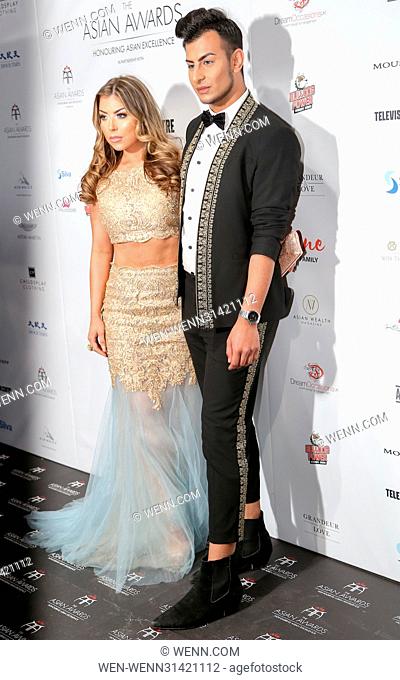 Abigail Clarke and Junked Ahmed attending the 7th Annual Asian Awards at the Hilton Park Lane in London. Featuring: Abigail Clarke, Junked Ahmed Where: London