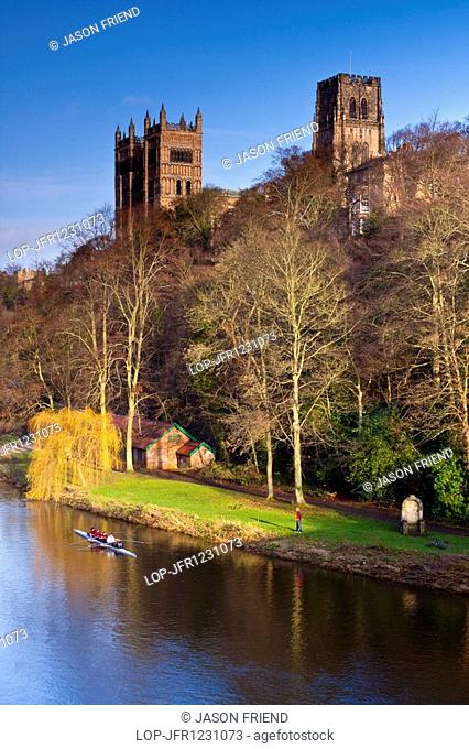 England, County Durham, Durham. Rowing on the River Wear below Durham Cathedral