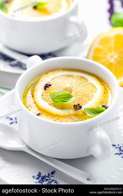 Avgolemono - delicious Greek chicken egg and lemon soup. Mediterranean sauce or soup