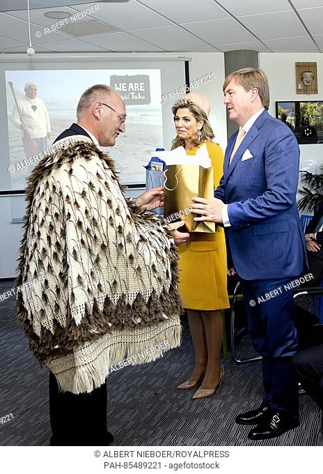 King Willem-Alexander (R) and Queen Maxima of The Netherlands visit the Ngai Tuhu Marae for the Powhiri ceremony in Christchurch, New Zealand, 8 November 2016