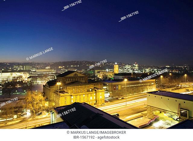 View over the Opera House and State Theatre towards the main railway station, Stuttgart, Baden-Wuerttemberg, Germany, Europe
