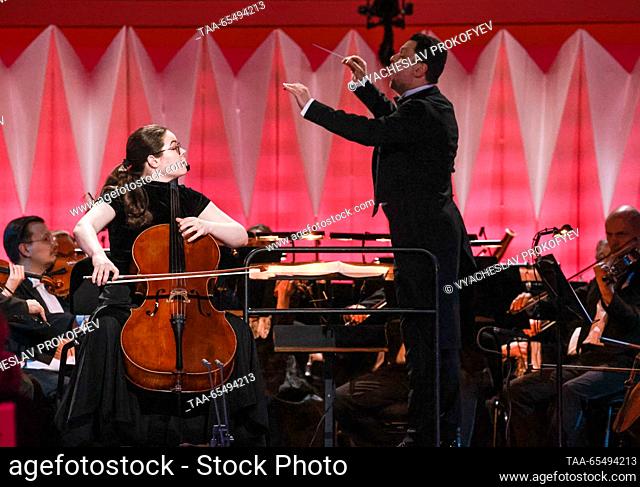 RUSSIA, MOSCOW - DECEMBER 5, 2023: Cellist Maria Zaitseva performs during the opening of the 24th Nutcracker International Television Contest for Young...