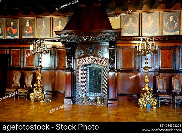 Summer evening excursion to the main halls of the Nesvizh Castle, a fireplace in the Cabinet