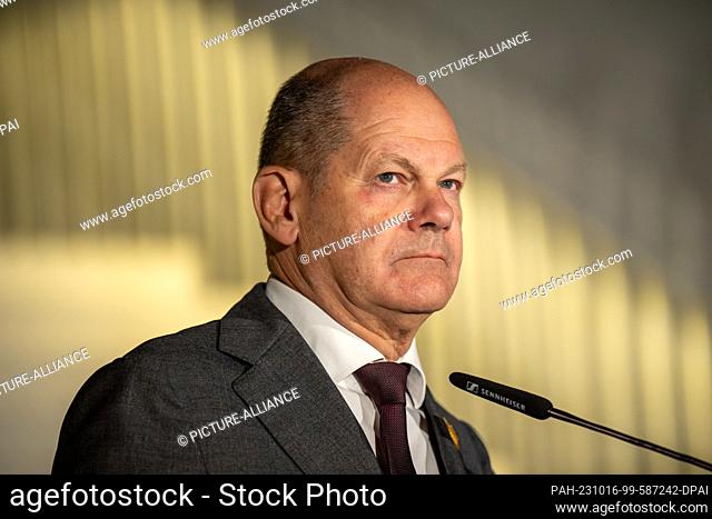 16 October 2023, Albania, Tirana: German Chancellor Olaf Scholz (SPD) attends a press conference at the Western Balkans Summit alongside Rama