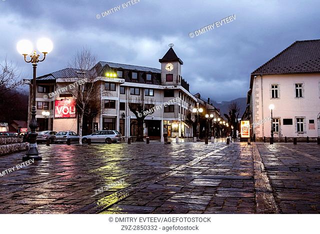 Center of town, central square with clock tower, Kolasin, Montenegro