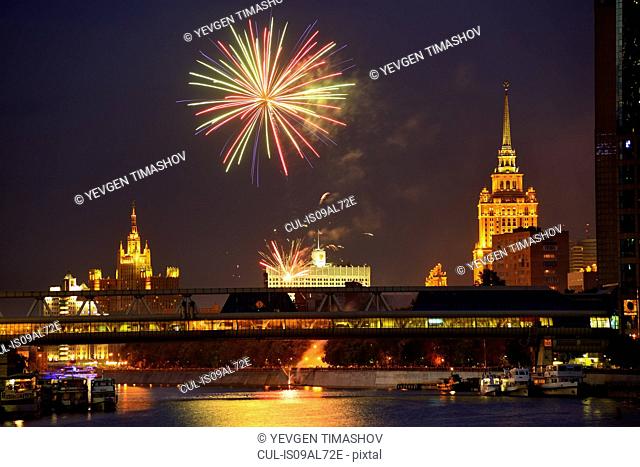 View of fireworks above White House and Bagration bridge at night, Moscow, Russia