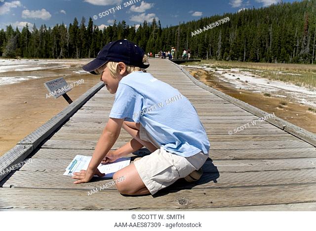 Boy (8 yrs. old) doing Junior Ranger Program on Boardwalk through Hot Springs; Upper Geyser Basin near Old Faithful; Yellowstone NP, WY (MR)