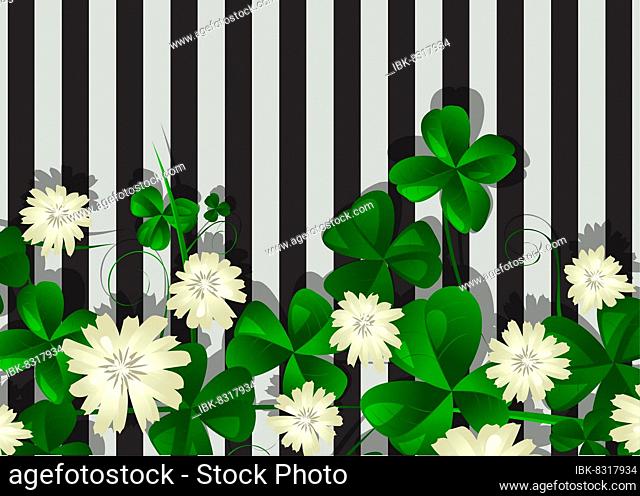 Colorful clover leaves and flowers over a striped background