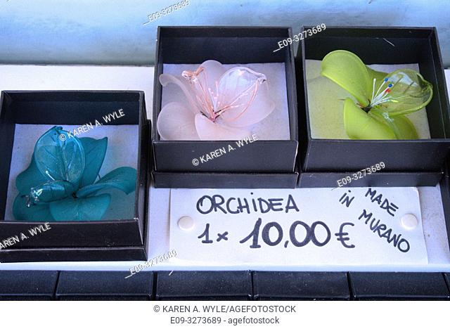 glass orchids on display at shop on island of Murano near Venice, Italy