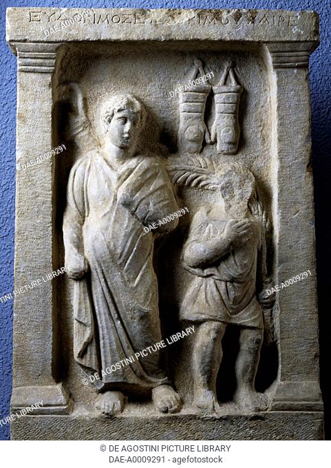 Funerary stele with a relief depicting the boxer Eudokimos, artefact uncovered in Izmir, Turkey. Roman Civilisation, 1st-2nd century
