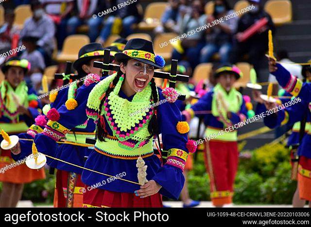 Cultural groups from pasto and other municipalities of Nariño perform traditional dances at the Carnival of Blancos Y Negros on January 3
