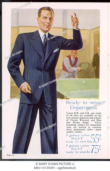 A single-breasted, blue pinstripe suit with lounging jacket from the ready-to-wear department of Burton menswear