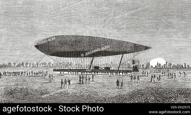 The aerostat electric airship balloon by Renard and Krebs, France. Europe. Old 19th century engraved illustration from La Nature 1884