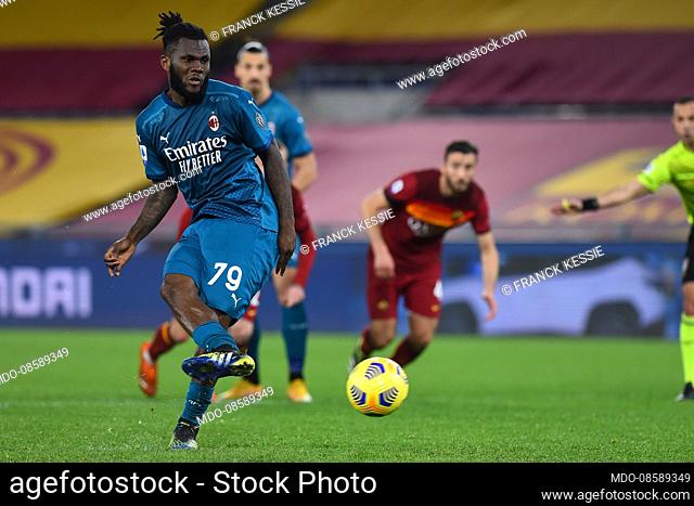 Milan footballer Franck Kessie score on penalty during the match Roma-Milan in the Olympic stadium. Rome (Italy), February 28th, 2021