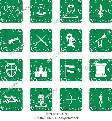 Knight medieval icons set in grunge style green isolated vector illustration