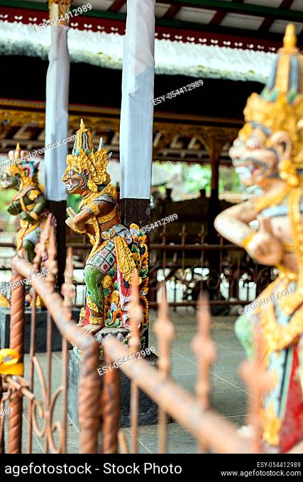 Indonesia Bali Sept 20 2019, Closeup of Balinese God statue in temple complex, hindu god statue colorful