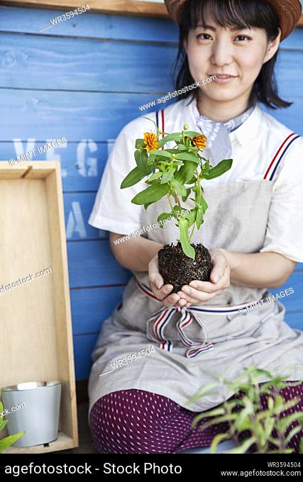 Japanese woman sitting outside a farm shop, planting flowers into flower pots