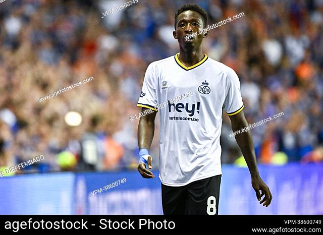 Union's Lazare Amani leaves the field after receiving a red card during a match between Scottish Rangers FC and Belgian soccer team Royale Union Saint-Gilloise