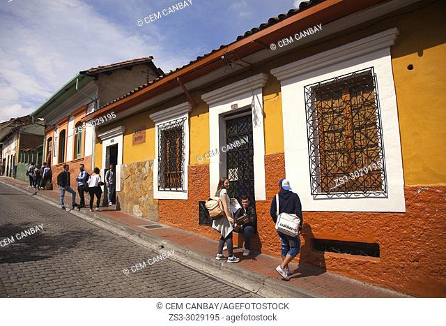 Students in front of the colonial buildings near the University-Universidad De La Salle at the historic center, Bogota, Cundinamarca, Colombia, South America