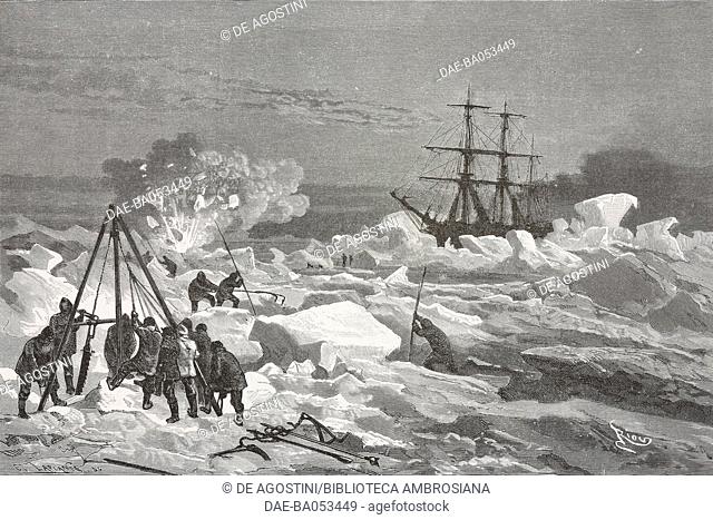 Efforts to break the ice, drawing by Edouard Riou (1833-1900) from the German edition, from The Tegetthoff Odyssey and the discoveries by lieutenants Payer and...