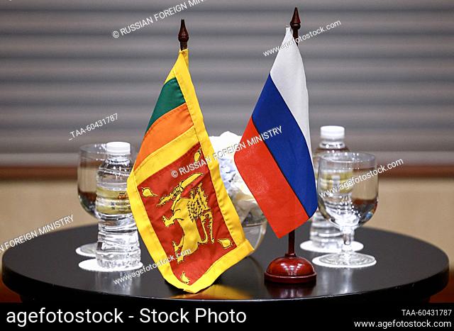 INDONESIA, JAKARTA - JULY 13, 2023: National flags are seen during a meeting of Russia's Foreign Minister Sergei Lavrov with Sri Lanka's Minister of External...