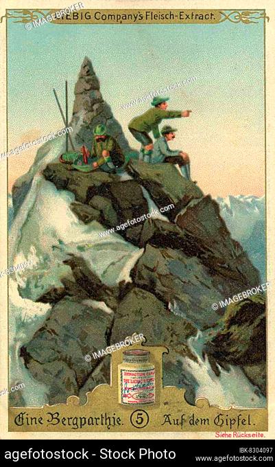 Series A mountain party, on the summit, digitally restored reproduction of a collector's picture from ca 1900, Liebig collector's picture, exact date unknown