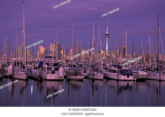 Auckland, North Island, Marina, Skyline, Westhaven, New Zealand, night, sailing boats, boats
