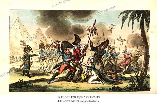 Napoleon Bonaparte directing the massacre of women and children in Cairo during the Egyptian Campaign, 1798. Handcoloured copperplate engraving by George...