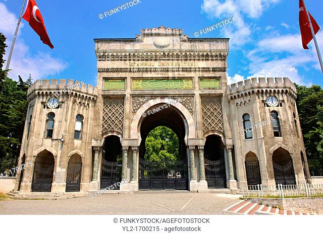 Main historic Ottoman Style entrance gates to the University of Istanbul on Beyazit Square, Istanbul Turkey