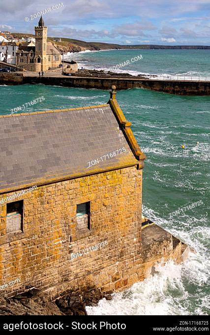 PORTHLEVEN, CORNWALL, UK - MAY 11 : View of the Old Lifeboat House in Porthleven, Cornwall on May 11, 2021. Unidentified people