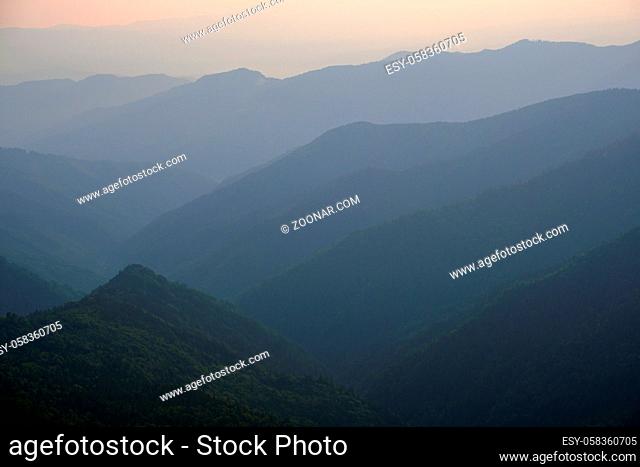 Summer misty evening mountain tops silhouettes. Marmaros, Carpathian, Ukraine