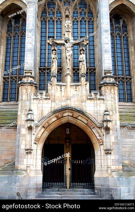 close up view of the street entrance to the leeds catholic cathedral of saint annes in leeds city centre, west yorkshire