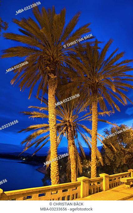 Italy, Sardinia, East coast, province of Ogliastra, Santa Maria Navarrese, Tancau, beach, palms, in the evening