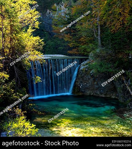 A view of the Pisnica Waterfall near Kranjska Gora in the Julian Alps of Slovenia in late autumn