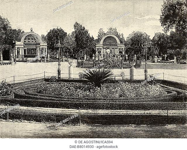 Exedras and dodecahedral clock in the central square of Villa Giulia garden, Palermo, Italy, engraving from L'Illustrazione Italiana, year 18, no 45, November 8