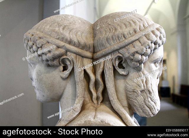 Close view of a partial broken heads of an ancient roman figures