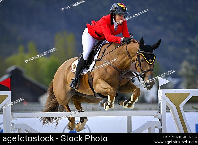 Gudrun Patteet of Belgium and horse Sea Coast Kashmira Z compete during the equestrian CET Prague Cup, CSIO, in Prague, Czech Republic, on Friday, May 7, 2021
