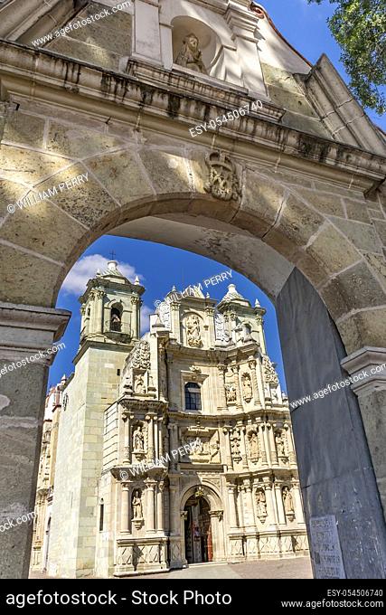 Stone Arch Mary Statue Basilica Our Lady of Solitude Nuestra Senora Soledad Facade Church Oaxaca Mexico. Built in 1690