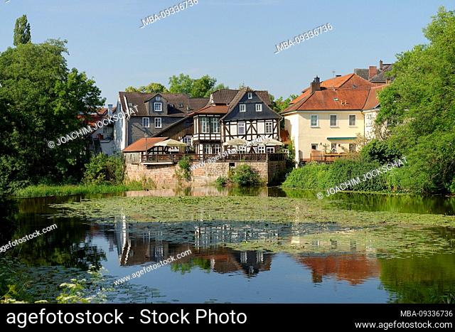 View from the Lahn to the old town houses of Marburg, Marburg, Hesse, Germany