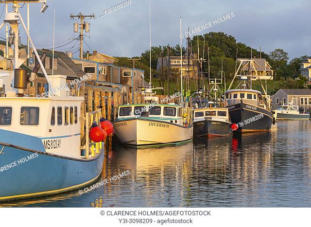 Commercial fishing boats docked in Menemsha Basin, in the fishing village of Menemsha in Chilmark, Massachusetts on Martha's Vineyard