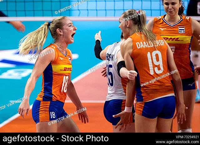 Dutch Marrit Jasper and Dutch Nika Daalderop celebrate during a volleyball game between Italy and The Netherlands, Sunday 03 September 2023 in Brussels