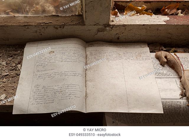 Abandoned notebook with records of the events before catastrophe. Kindergarten in Chernobyl, Ukraine