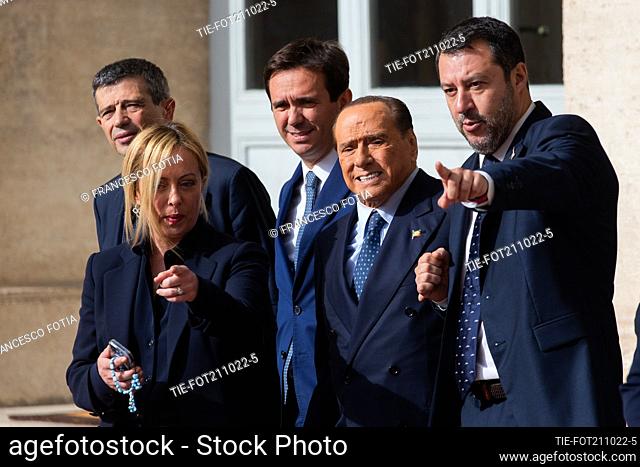 Matteo Salvini Silvio Berlusconi, Giorgia Meloni leaves at the end of a meeting with Italian President Sergio Mattarella for the first round of formal political...