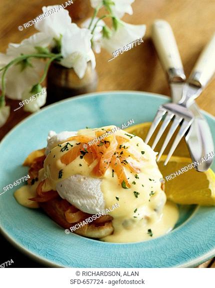 Poached Egg on an English Muffin with Salmon and Hollandaise Sauce, Fork and Knife