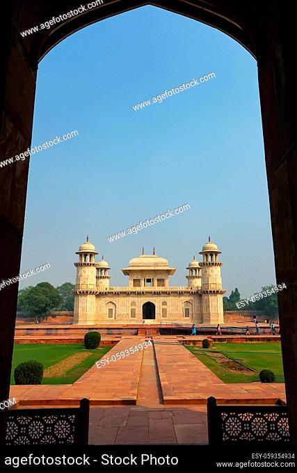 Framed view of Itimad-ud-Daulah Mausoleum in Agra, Uttar Pradesh, India. This Tomb is often regarded as a draft of the Taj Mahal
