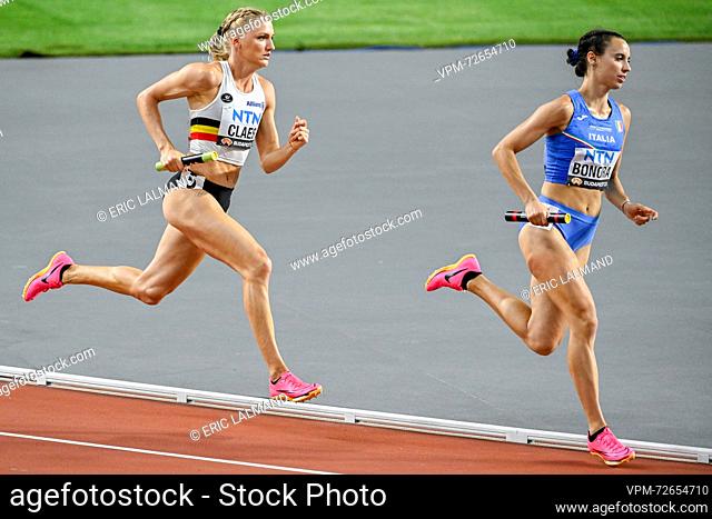 Belgian Hanne Claes pictured in action during the 4x400m Women Relay heats at the World Athletics Championships in Budapest, Hungary on Saturday 26 August 2023